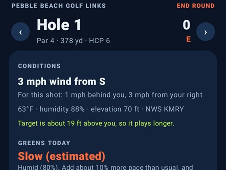 On-course wind and conditions card