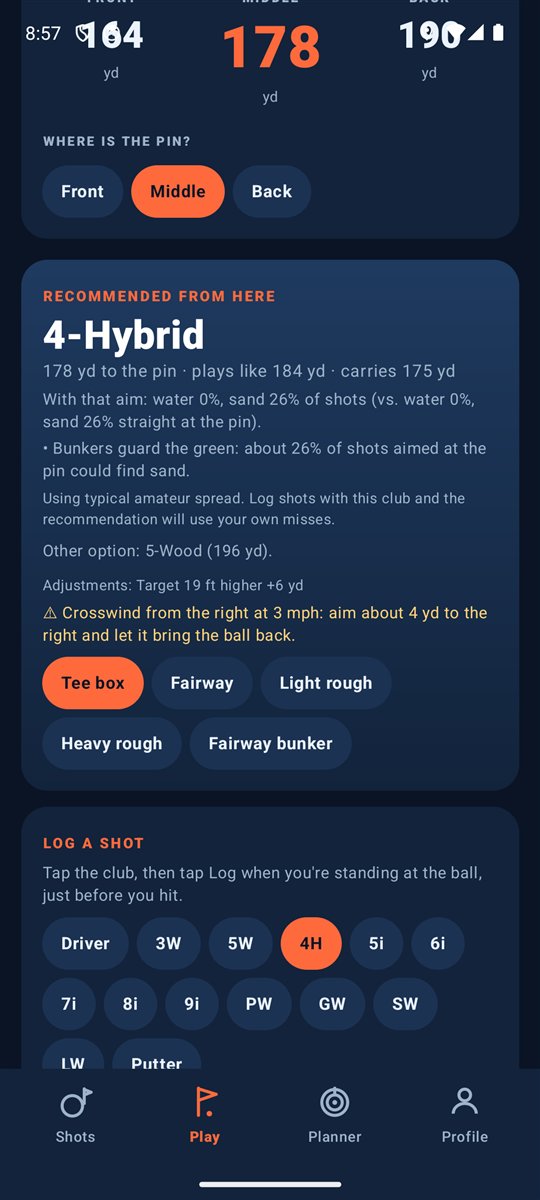 Smart Caddie recommendation with hazard odds
